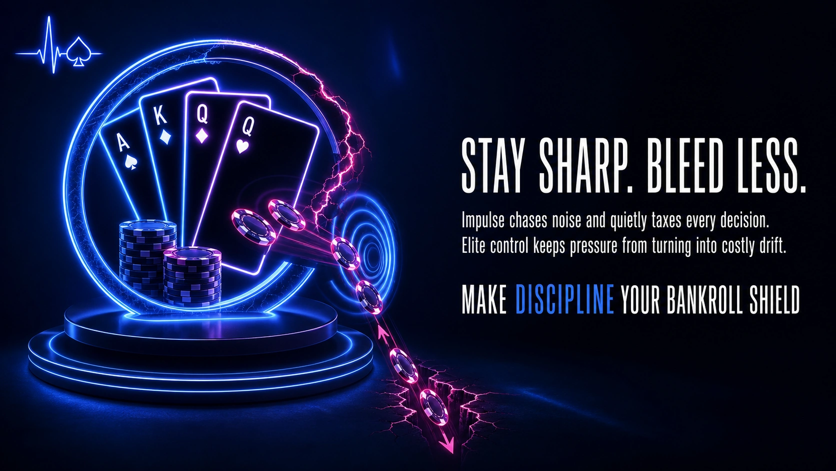 Poker Brazil discipline concept with stacked chips glowing cards and downward risk arrow visualization