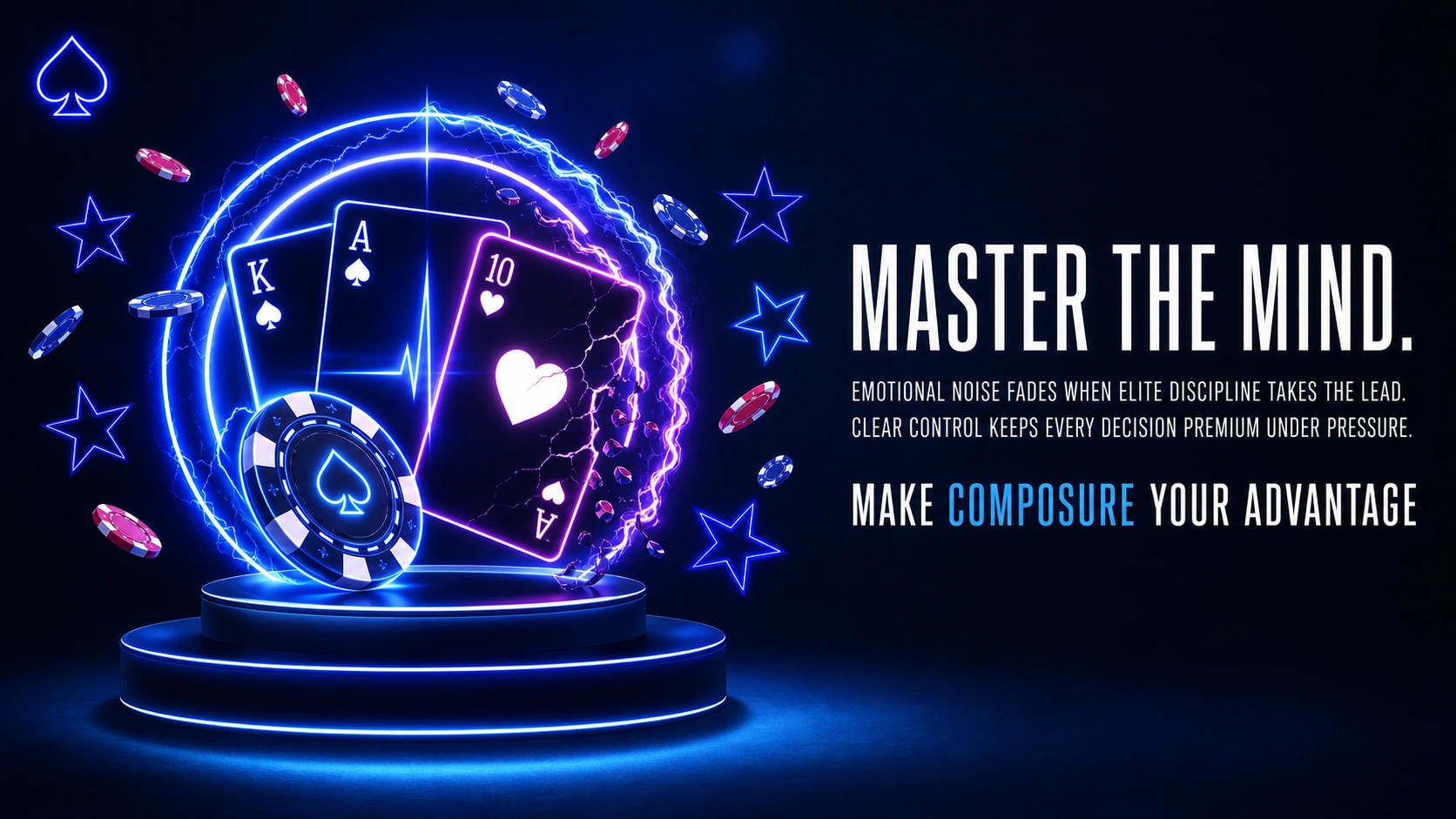Neon poker Brazil cards with glowing ring and chips illustrating emotional control and decision discipline