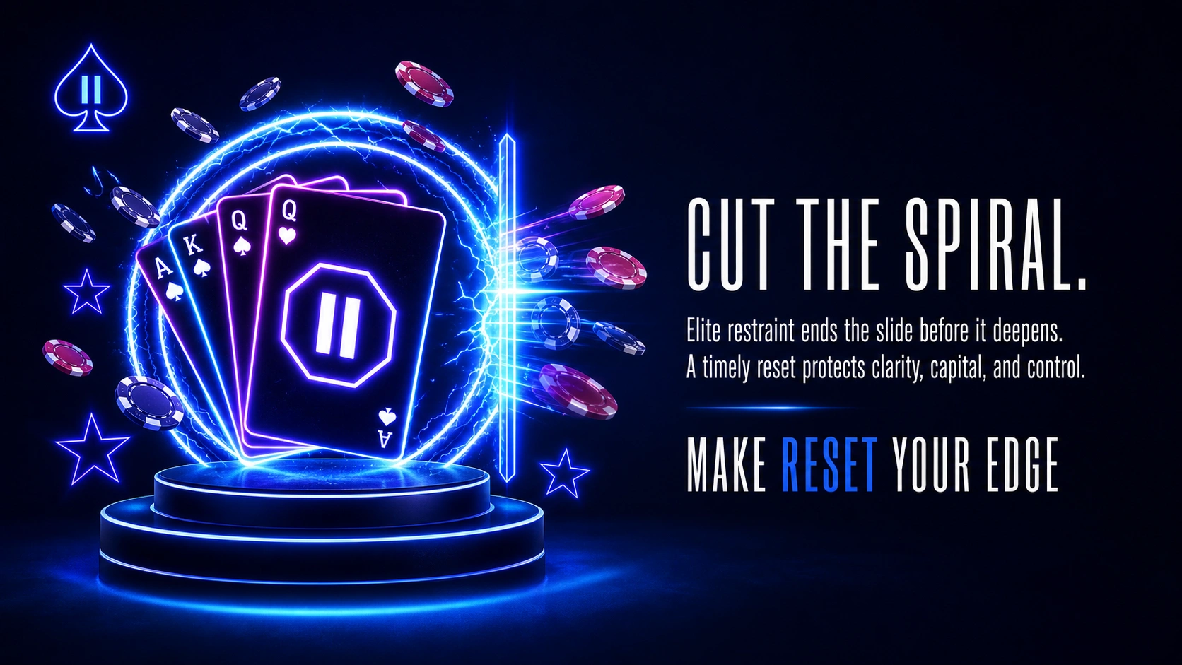 Poker reset control visual with neon cards pause symbol and chips showing stop loss concept Brazil